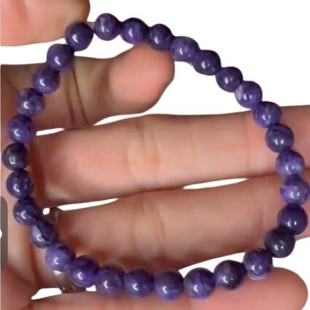 Natural Charoite Purple Gemstone 6mm Round Beaded 7" Stretch Bracelet - Picture 3 of 6